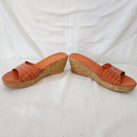 Marzia Vellini Wedge Sandals Slides Faux Croc Orange Cork Platform Size 7 - Picture 3 of 6